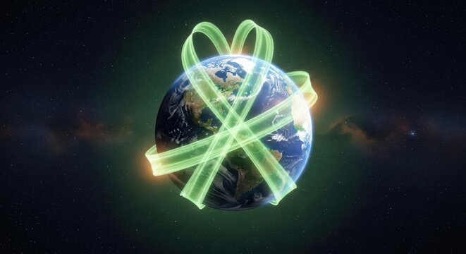 Earth with green energy ribbon, symbolizing global sustainability, environmental protection, and the interconnectedness of ecological balance