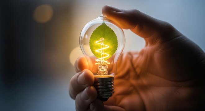 Close up of hand holding light bulb with green leaf inside, symbolizing ecofriendly energy, sustainable living, and environmental consciousness