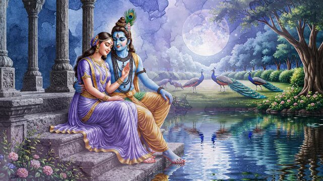 Divine Love Krishna and Radha Embracing by Moonlit Lake with Peacocks in a Mystical Landscape