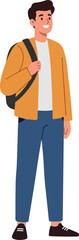 Young Man With Backpack Wearing Orange Jacket And Blue Jeans Isolated