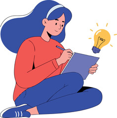 Young Woman Drawing Ideas With Light Bulb Symbol
