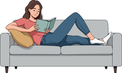Young Woman Reading Book Relaxing on Sofa Simple Flat Illustration
