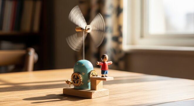 A whimsical wooden toy wind turbine spins on a table near a window, casting soft shadows and evoking childhood memories and simple joys