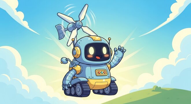 A cute cartoon robot with a propeller on its head is waving its hand against a bright blue sky with fluffy white clouds and green hills