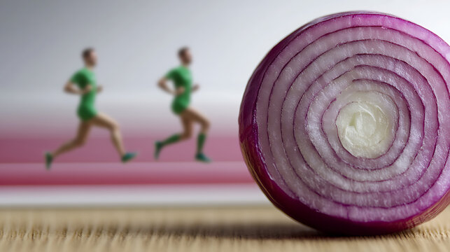 Creative juxtaposition: a sliced red onion in the foreground, its layers a stark contrast to the blurred figures of runners in the background, set against a gradient backdrop.