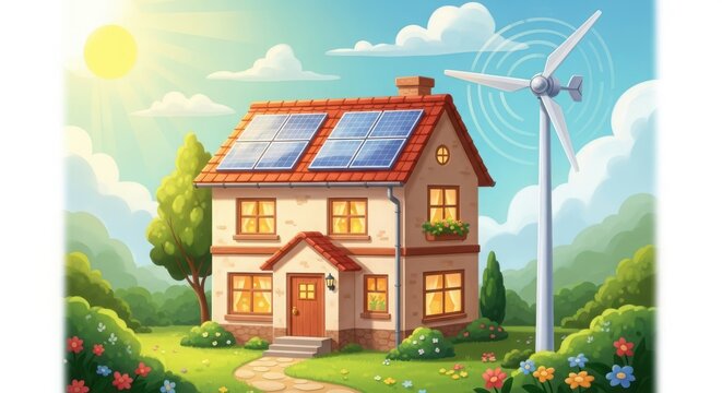 Illustration of a house with solar panels and a wind turbine, showcasing sustainable energy and ecofriendly living isolated on white background