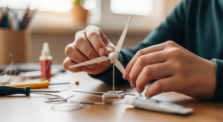 Close up of a childs hands assembling a small wind turbine model, learning about renewable energy and sustainable technology at home