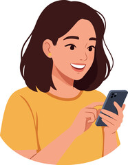Young Woman Yellow TShirt Browsing Smartphone White Background Flat Design