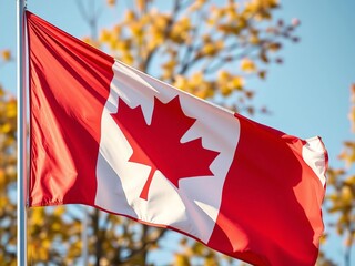 A Canadian flag fluttering in a gentle breeze, highlighting its movement and bright colors,  breeze,  wind
