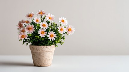 Pastel Pink Daisies in Beige Pot on White Surface