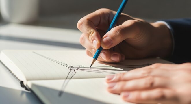 Close up of a designer sketching a ring design in a notebook with a pencil in natural light, showcasing creativity and craftsmanship