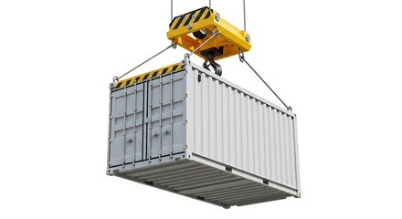 Industrial crane lifting a shipping container for cargo and logistics