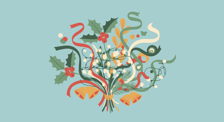 Whimsical Christmas Bouquet with Holly Berries Bells and Ribbons on Blue Background Festive Holiday Illustration