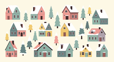 Charming Scandinavian Village Winter Scene with Cozy Cottages and Snow Covered Pine Trees Festive Holiday Greeting Card Background