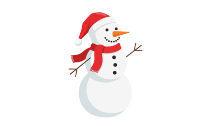 Cute Snowman Character Wearing Santa Hat and Red Scarf Ready for Winter Holidays and Christmas Celebrations Vector Illustration on White Background