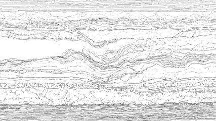 Abstract black and white line art depicting layered geological strata and rock formations vector