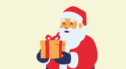 Happy Santa Claus Holding a Christmas Gift Box with Red Ribbon Festive Holiday Illustration for Seasonal Promotions and Greetings