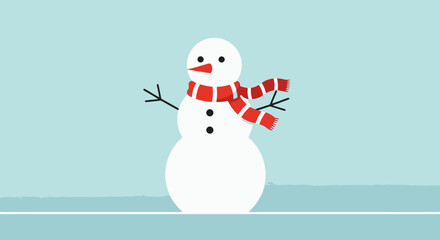Cute Simple Snowman Character with Red Scarf on Snowy Winter Day Flat Vector Illustration for Holiday Greetings and Kids Design