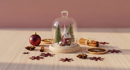 Enchanting christmas snow globe with miniature house and trees, surrounded by festive decorations on wooden table, creating a magical scene