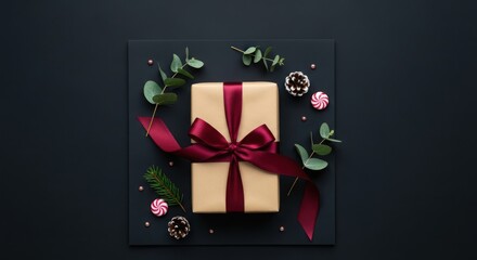 Overhead shot of a christmas present wrapped in brown paper and tied with a red ribbon on a black surface with decorations