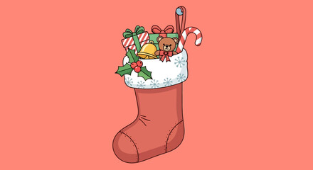 Adorable Cartoon Christmas Stocking Overflowing with Gifts Toys and Festive Treats