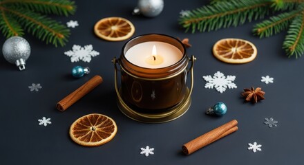 Cozy christmas composition with burning candle, dried orange slices, cinnamon sticks, fir branches and decorative snowflakes on dark background