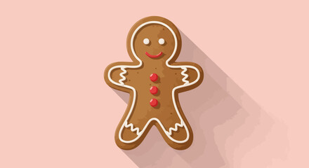 Charming Gingerbread Man Cookie with White Icing and Red Buttons Isolated on a Soft Pink Background with Long Shadow Perfect for Holiday Season Sweet Treats