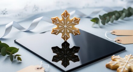 Christmas snowflake cookie on black mirror with reflection, ribbon, eucalyptus branch and tags on blue background, close up