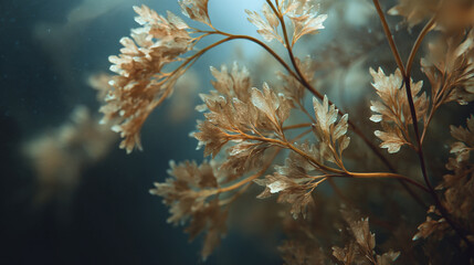 Close up of a plant with small white leaves against a dark blue background in soft focus style