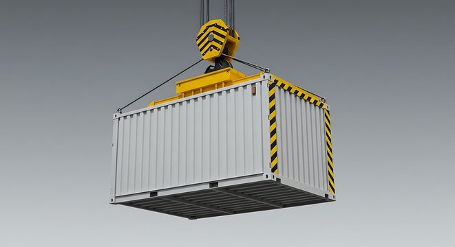 An industrial crane hook carefully lifts a large metal cargo container, representing the global logistics and freight transportation industry