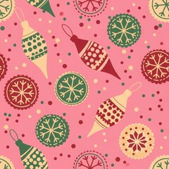 Seamless christmas pattern with colorful ornaments and snowflakes on a pink background for wrapping paper, fabric, or festive design projects