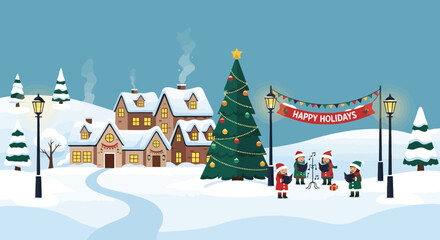 Charming Snowy Village Scene with Caroling Elves Under a Decorated Christmas Tree Happy Holidays Banner Festive Winter Celebration Illustration