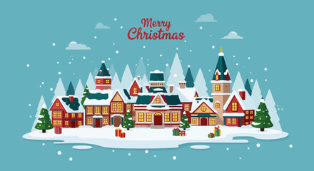 Charming Snowy Village Scene with Merry Christmas Greeting and Festive Decorations