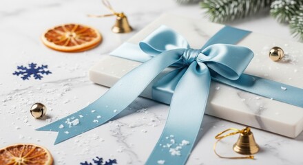 Elegant christmas gift with blue ribbon, dried orange slices, and golden bells on a white marble background for festive celebrations