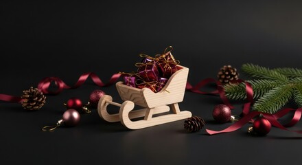 A festive wooden sleigh filled with colorful presents, pine cones, and a fir branch on a dark background for christmas celebration