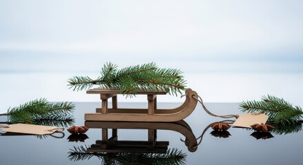 A rustic wooden sleigh with fir branches, anise stars, and blank tags on a reflective surface against a blurred white background