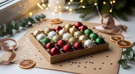 Festive christmas ornaments in a box on a table with confetti and dried oranges creating a cozy and warm holiday atmosphere