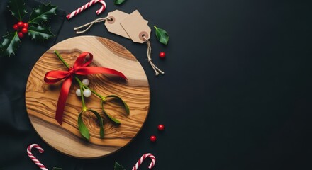 Festive christmas table setting with mistletoe, holly, candy canes, and gift tag on a dark background creating a joyful holiday mood