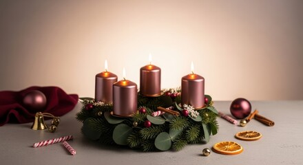 Festive advent wreath with burning candles, christmas ornaments, and dried oranges creating a warm and inviting holiday atmosphere