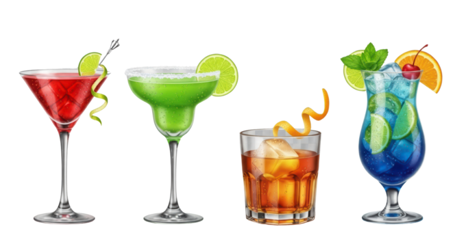 Cocktail Variety: An enticing arrangement of vibrant cocktails, each a unique blend of colors, flavors, and garnishes, beckoning the viewer to savor the art of mixology.