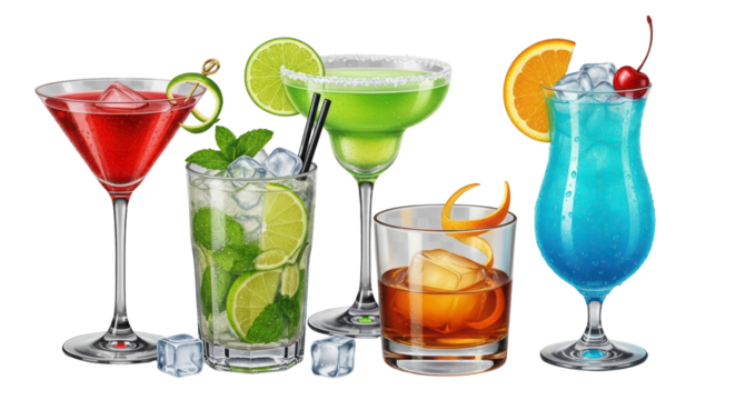 Cocktail Assortment: A visually appealing composition of five refreshing cocktails, each a unique blend of colors, flavors, and garnishes, perfect for any occasion.