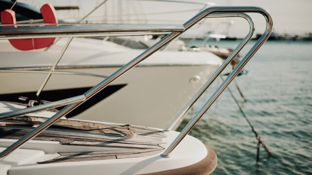 Close up of chrome railing and wooden deck of a luxury yacht docked in a marina under golden light