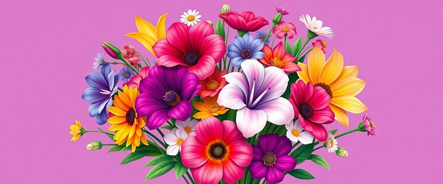 Vibrant vector illustration of various birth month flowers arranged in a bouquet, june, flowers