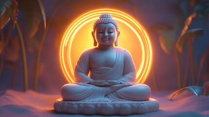 Smiling Budha statue with ring light background