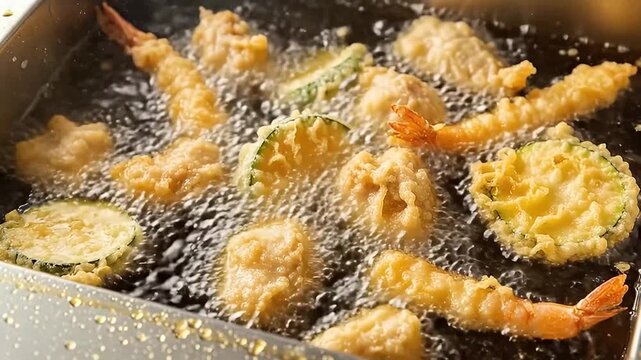 Crispy Tempura Shrimp and Zucchini Deep Frying in Hot Oil Japanese Food