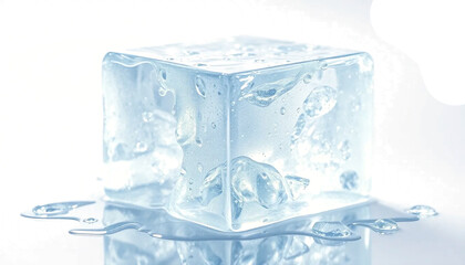realistic melting ice cube, high detail water droplets, soft refraction, clear transparency, isolated object PNG style, studio light reflections.
