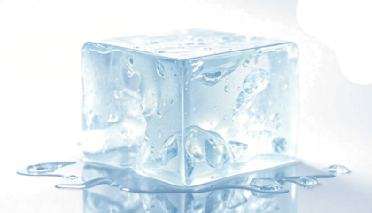 realistic melting ice cube, high detail water droplets, soft refraction, clear transparency, isolated object PNG style, studio light reflections.
