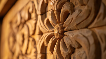 Detailed floral wood carving shines in the warm light, showcasing intricate design and skilled craftsmanship. Its natural beauty and texture add elegance to any space.