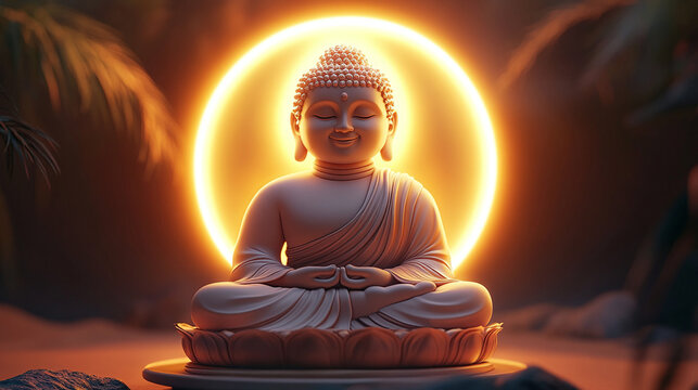 Smiling Budha statue with ring light background