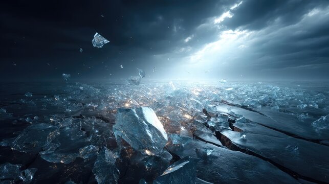Dynamic background of broken ice in dark concept. Dramatic ice landscape illuminated by soft, mysterious lighting.